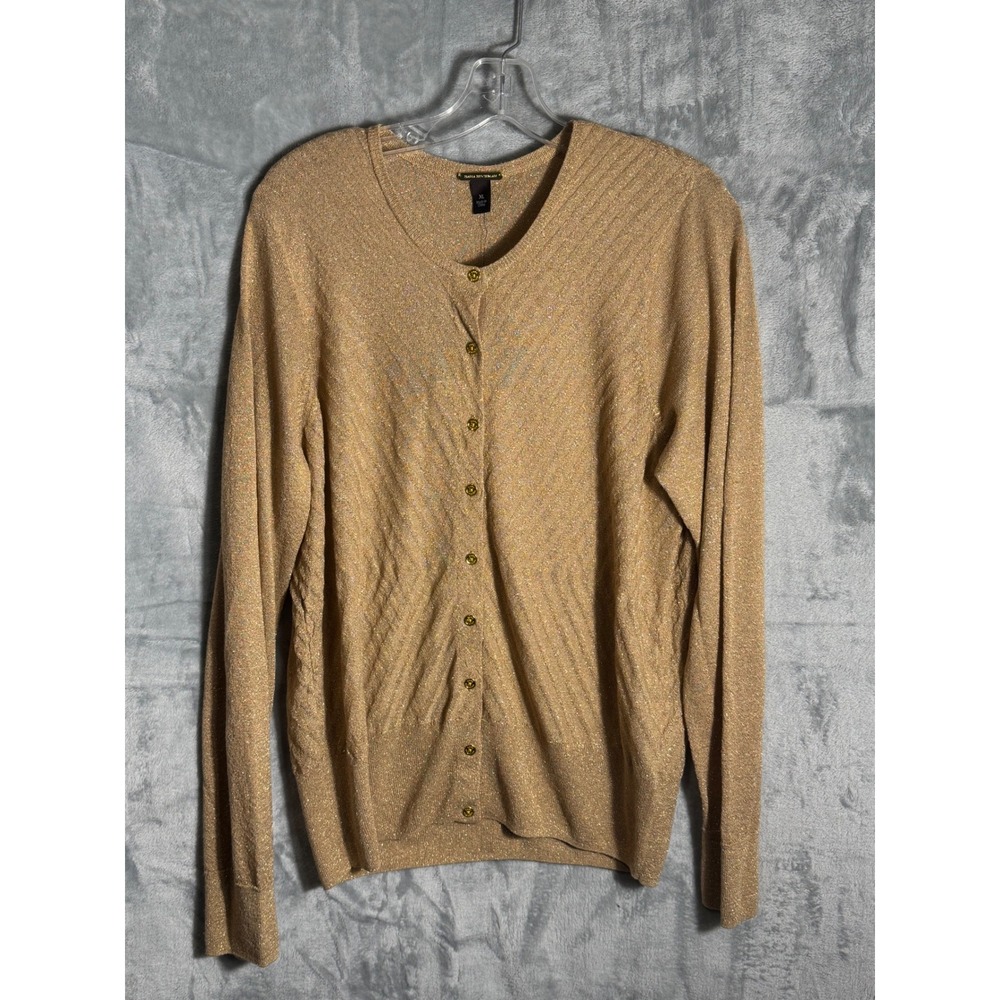 Dana Buchman Gold Metallic Knit Cardigan Sweater XL Button‎ Front Shimmer NEW